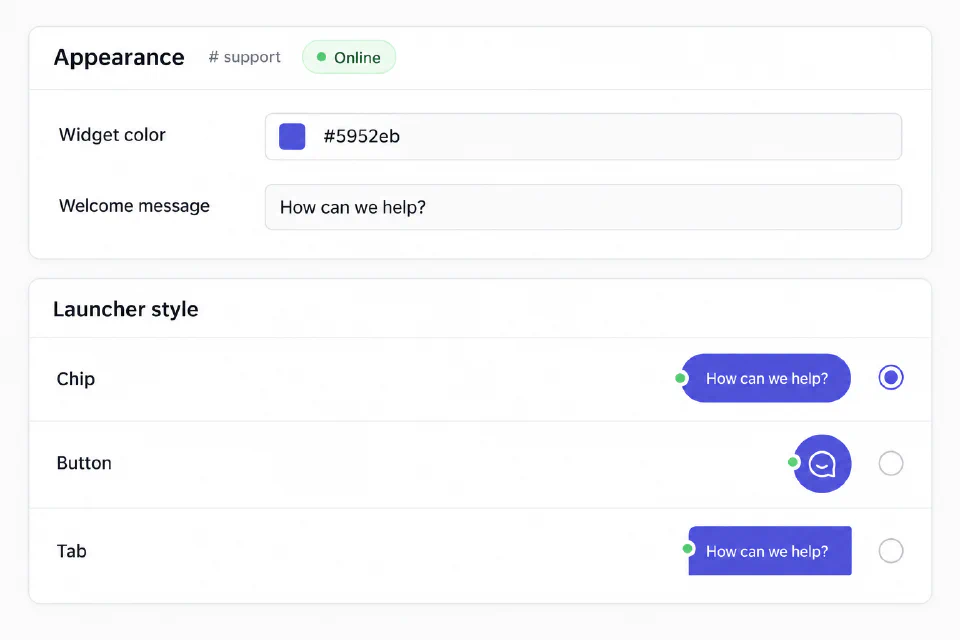 Simplified Chatlio appearance controls for widget color, welcome text and chip, button or tab launcher styles.