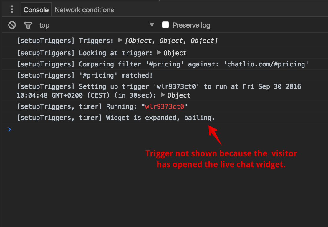 Triggers, JS console with debugging enabled, skipping a trigger